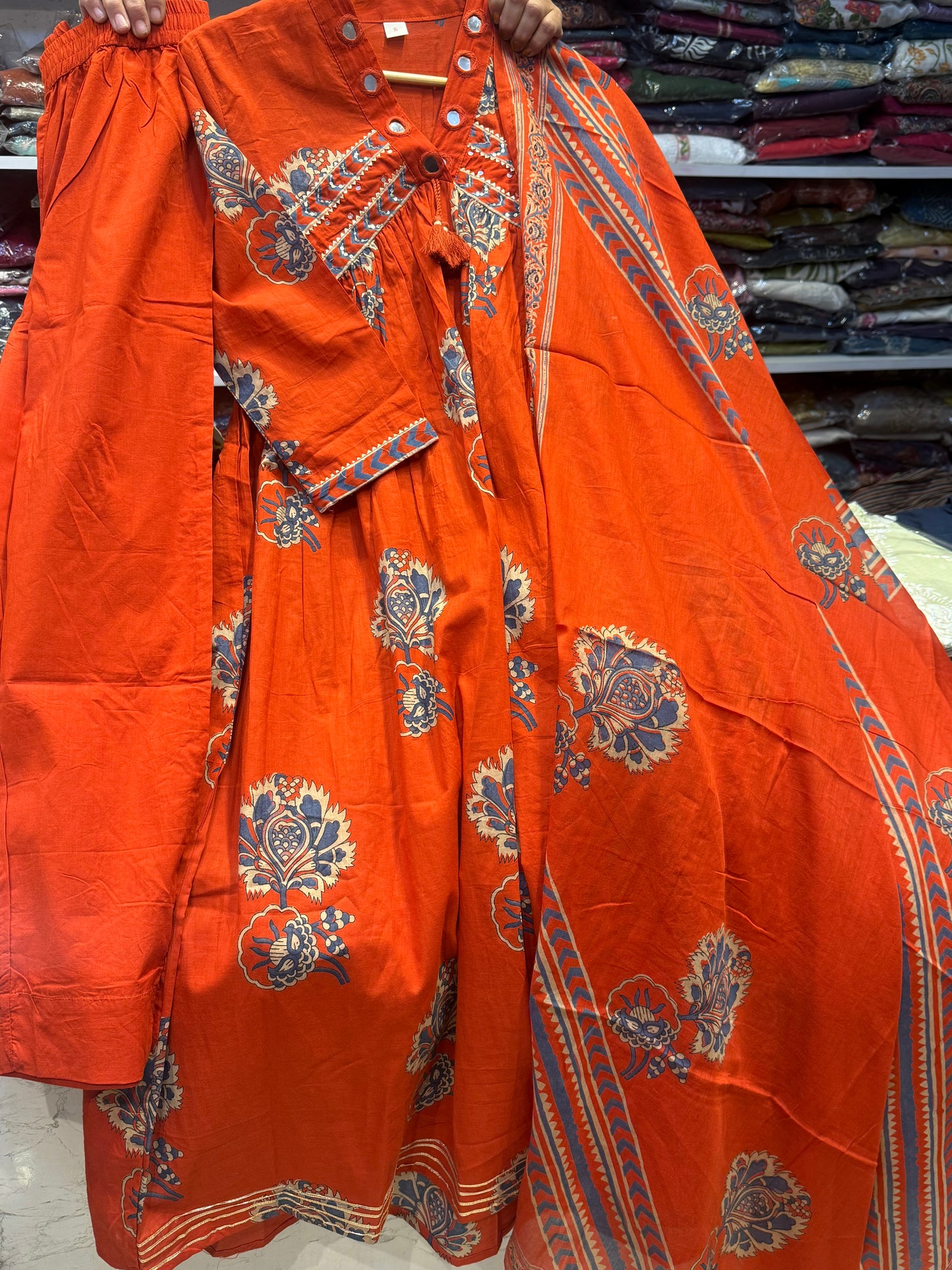 Alia Cut Mirror work Pure Cotton Kurti with Pant and Dupatta