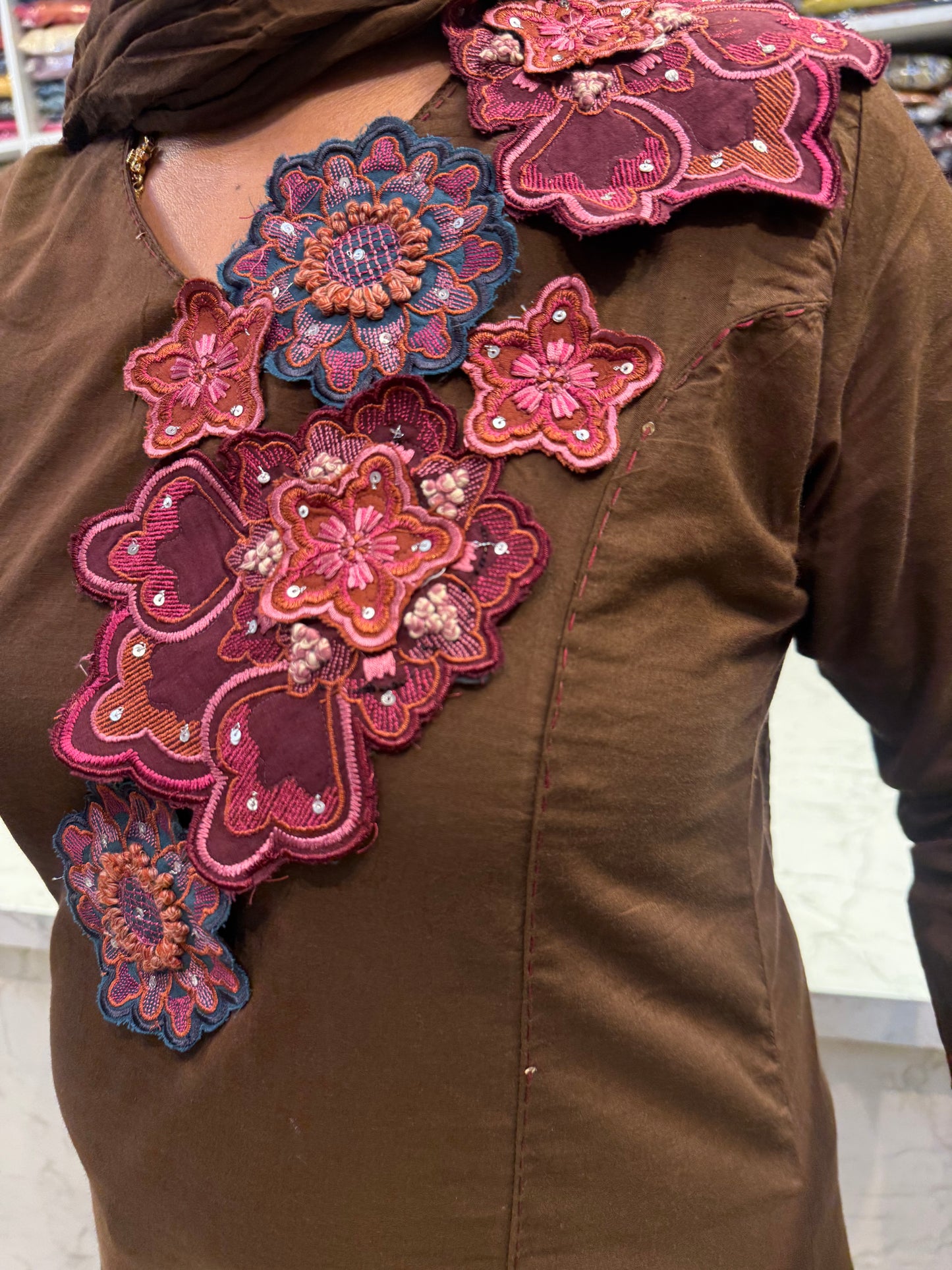 Brown Appliqué Pure Cotton Kurti With Pant and Dupatta-HSC121