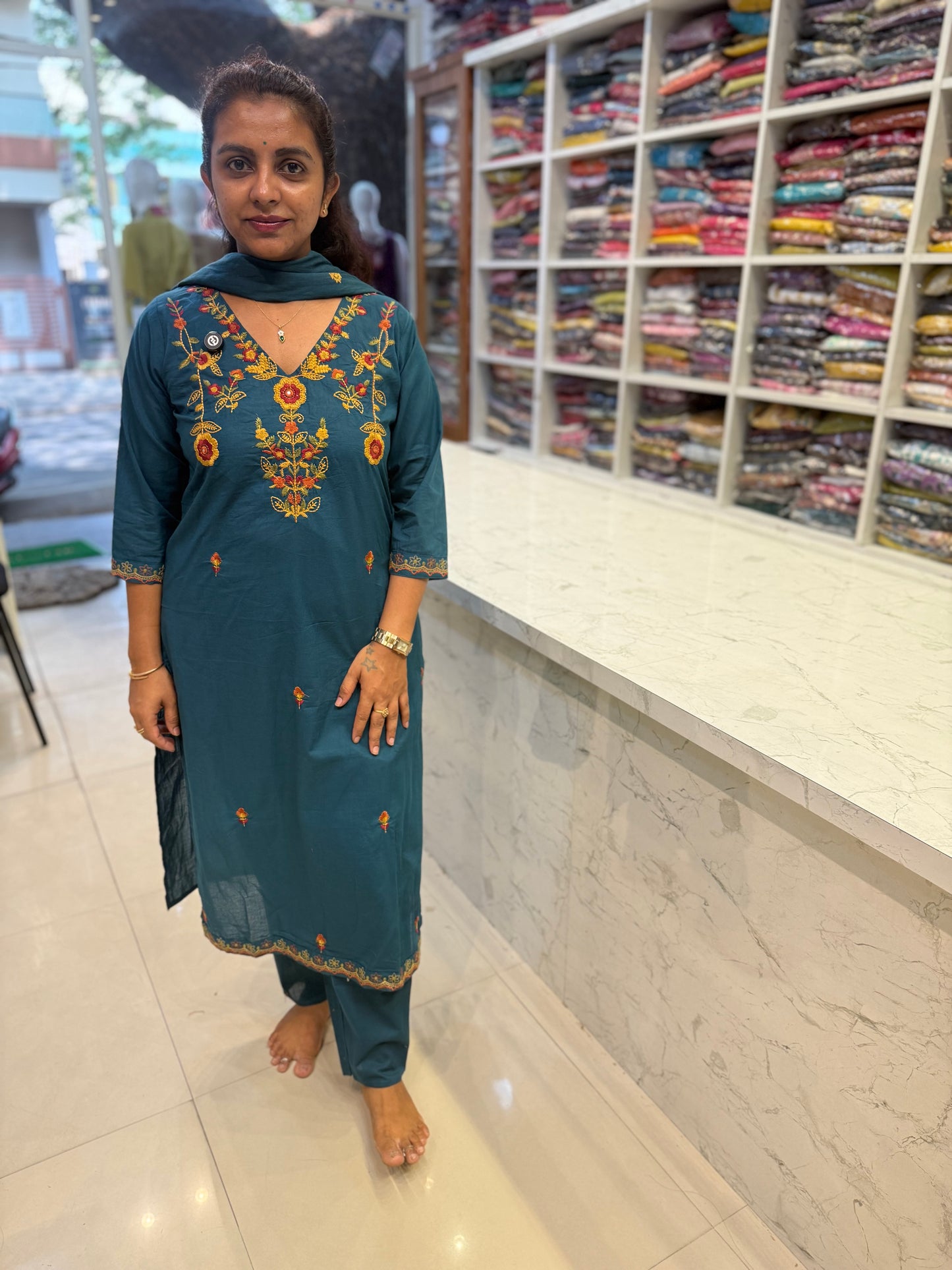 Blue Hand Embroidery Pure Cotton Kurti With Pant and Dupatta-HSC95
