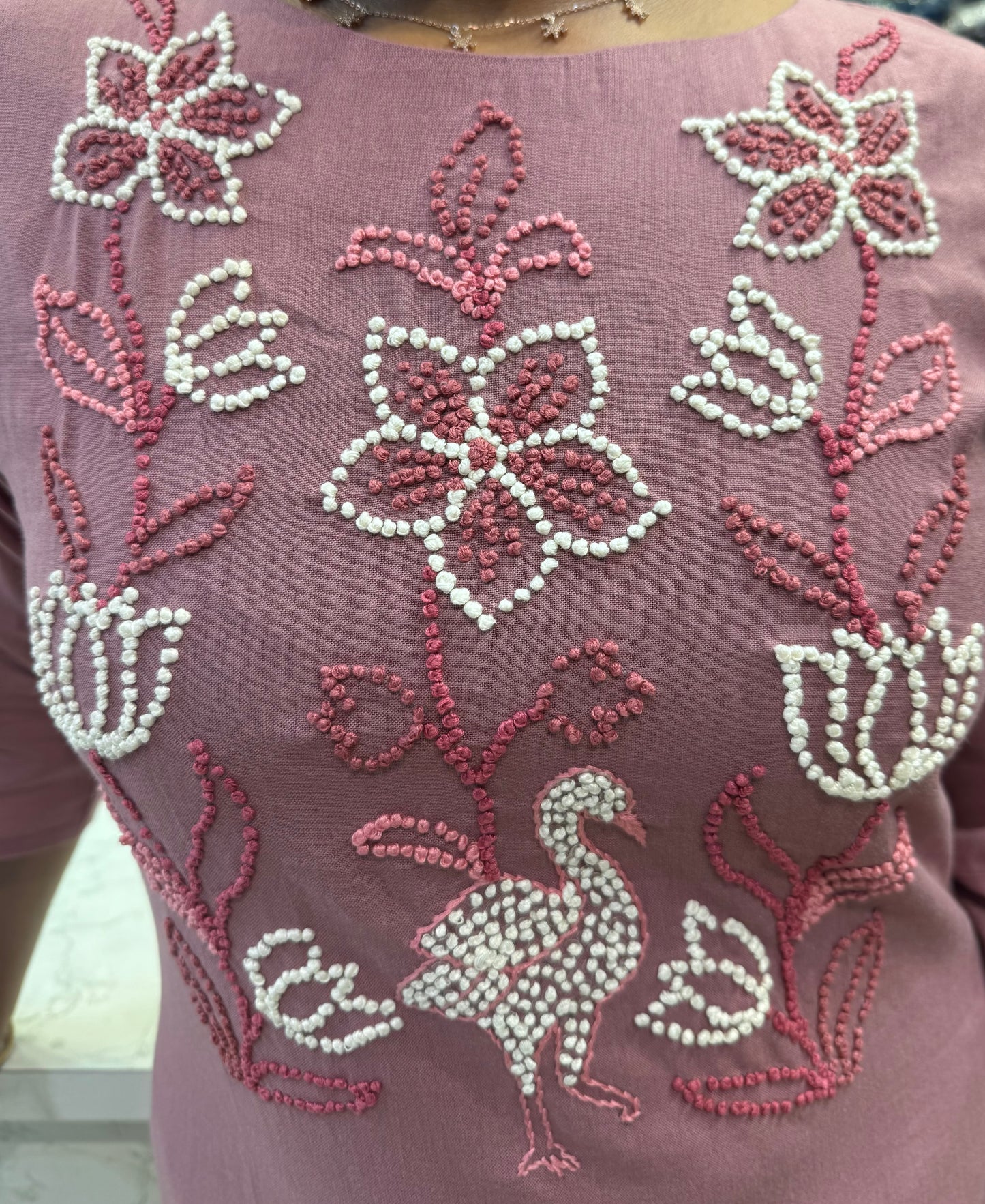 Thread Embroidery Knot Work Cotton Kurti With Pant