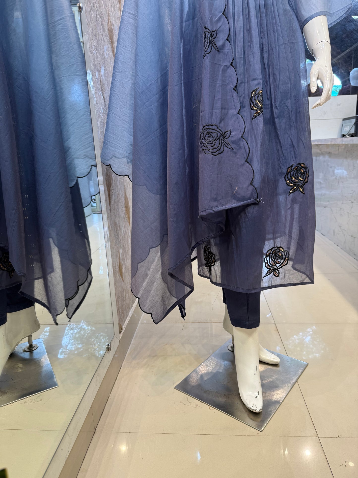 Ombre Blue Pure Mul Chanderi A-line Kurti With Pant and Dupatta