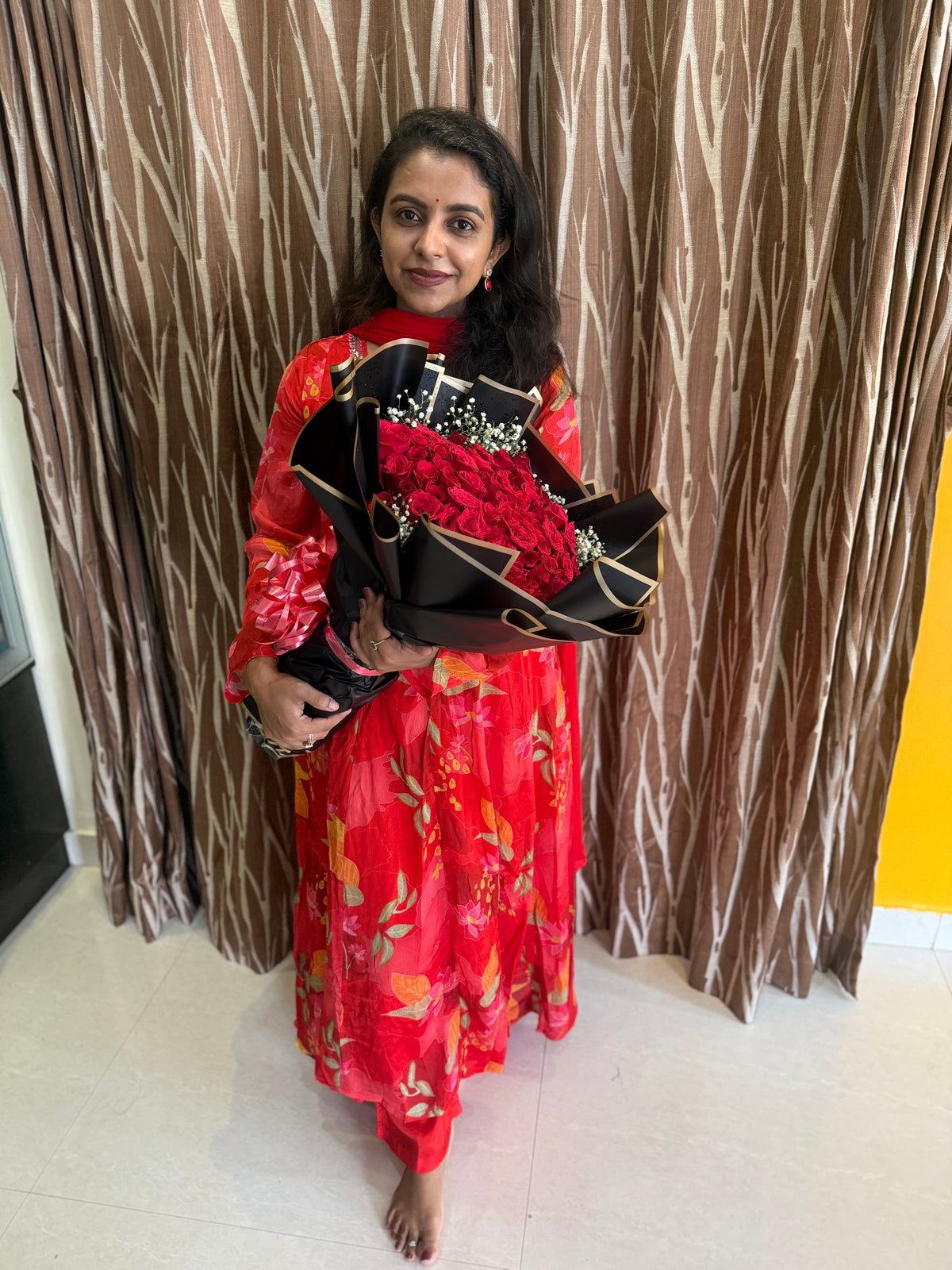 Pure Chinnon Red Anarkali Printed A-line Kurti With Pant and Dupatta -HSC1293