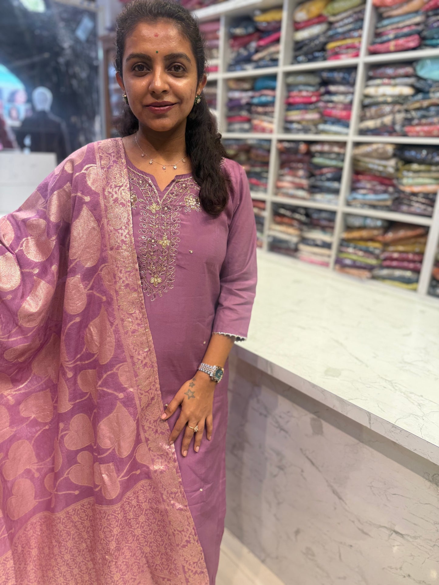 Lavender Roman Silk Party wear Kurti With Pant and Dupatta
