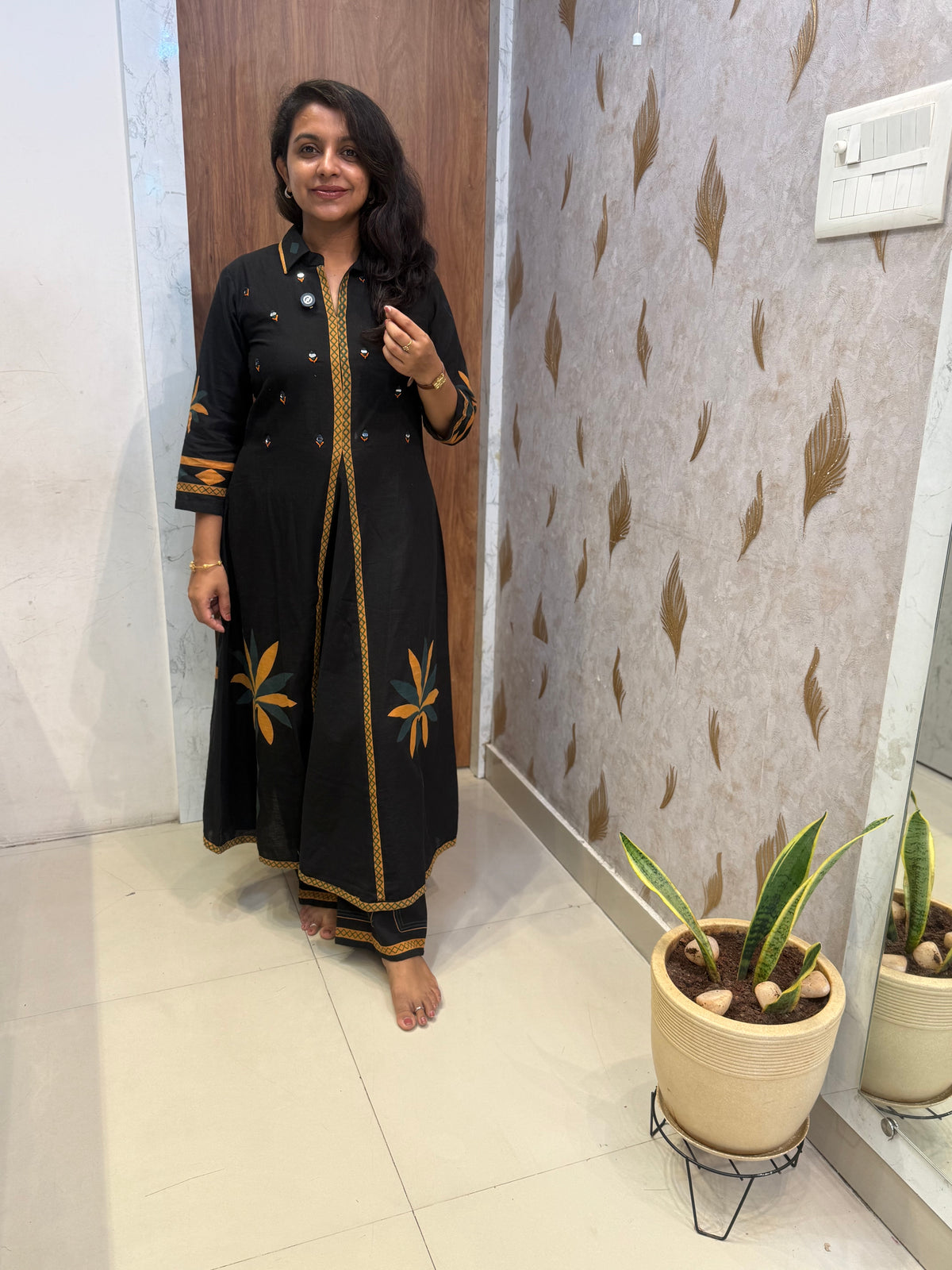 Black Printed Pure Cotton Kurti With Pant -HSC1199