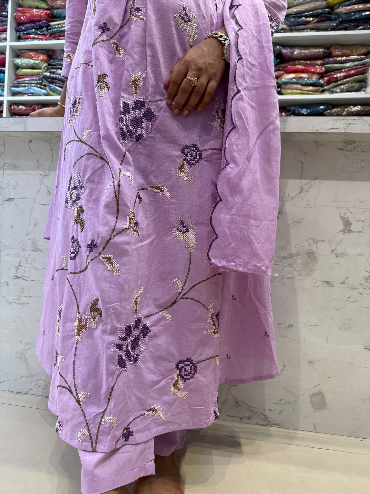 Lavender Crossstich Work Pure Mul Cotton A-line Kurti With Pant and cut work Dupatta