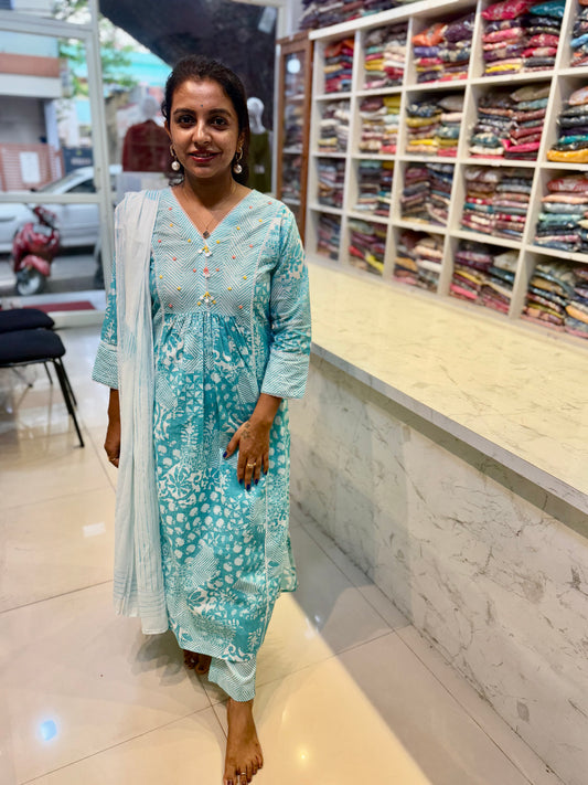 A-line Sky blue  Cotton Salwar Set