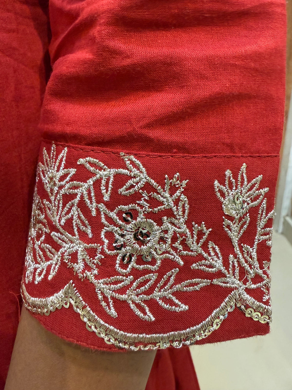 Red Pure Cotton Embroidered Angarkha Kurti With Pant and Dupatta - HSC1200