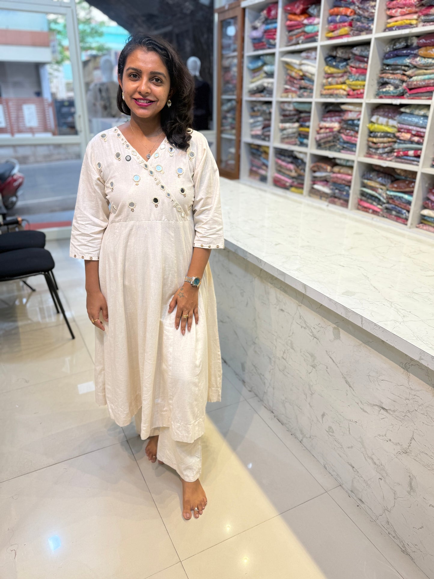 Plain Half white Anarkali set