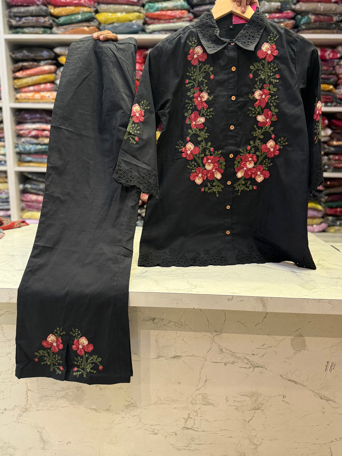 Designer Wear Floral Embroidery Pure Cotton Co-ords Set -HSC1286