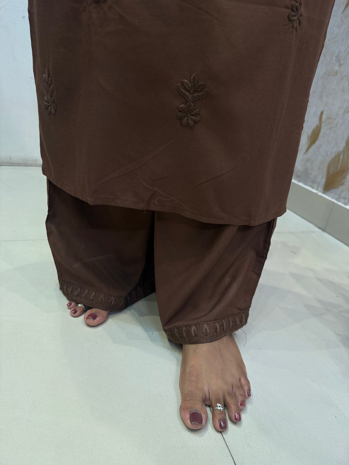 Brown Premium Rayon Embroidery Kurti With Pant -HSC1309