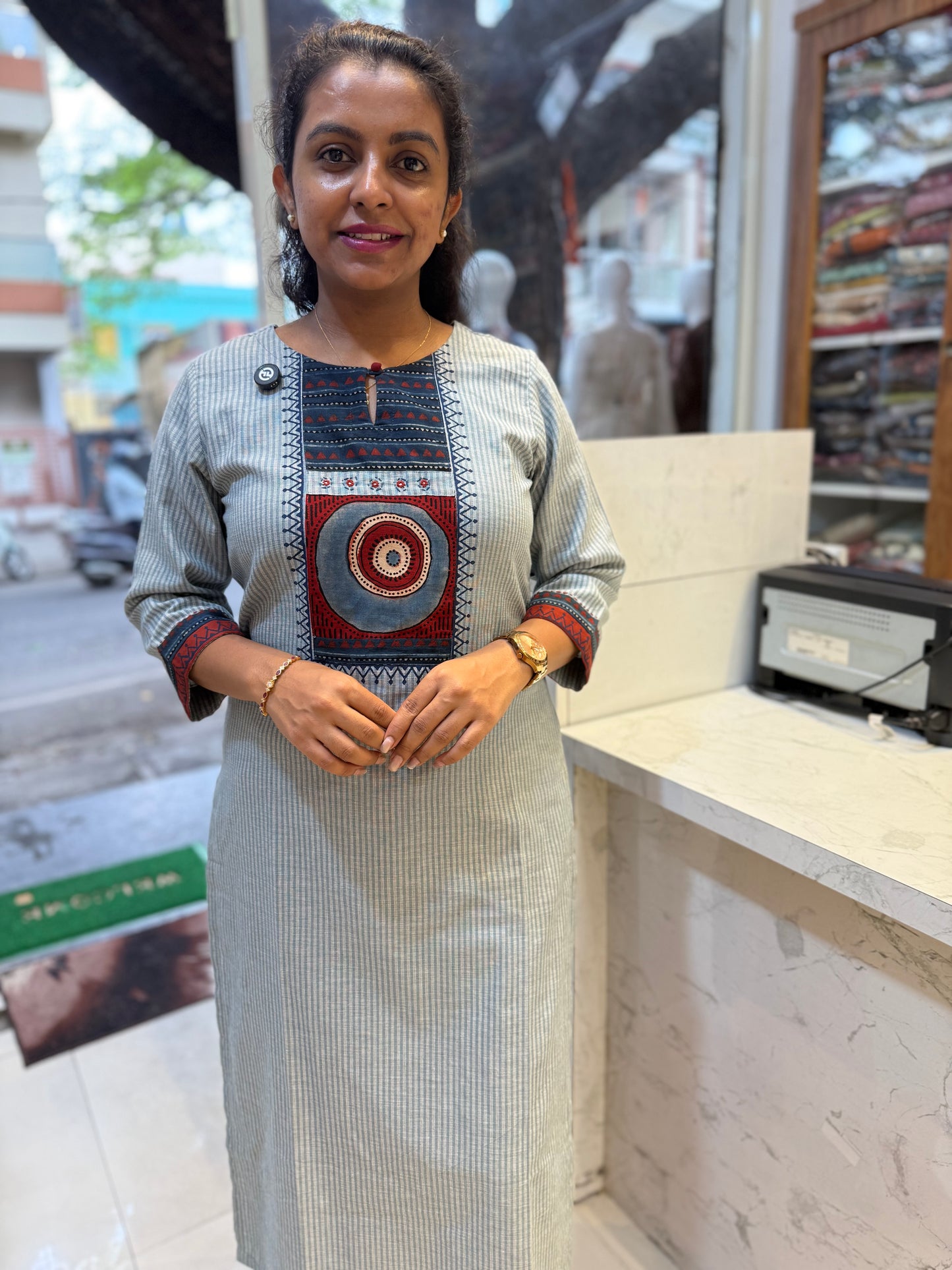 Powder Blue Pure Cotton Block Print Straight Kurti