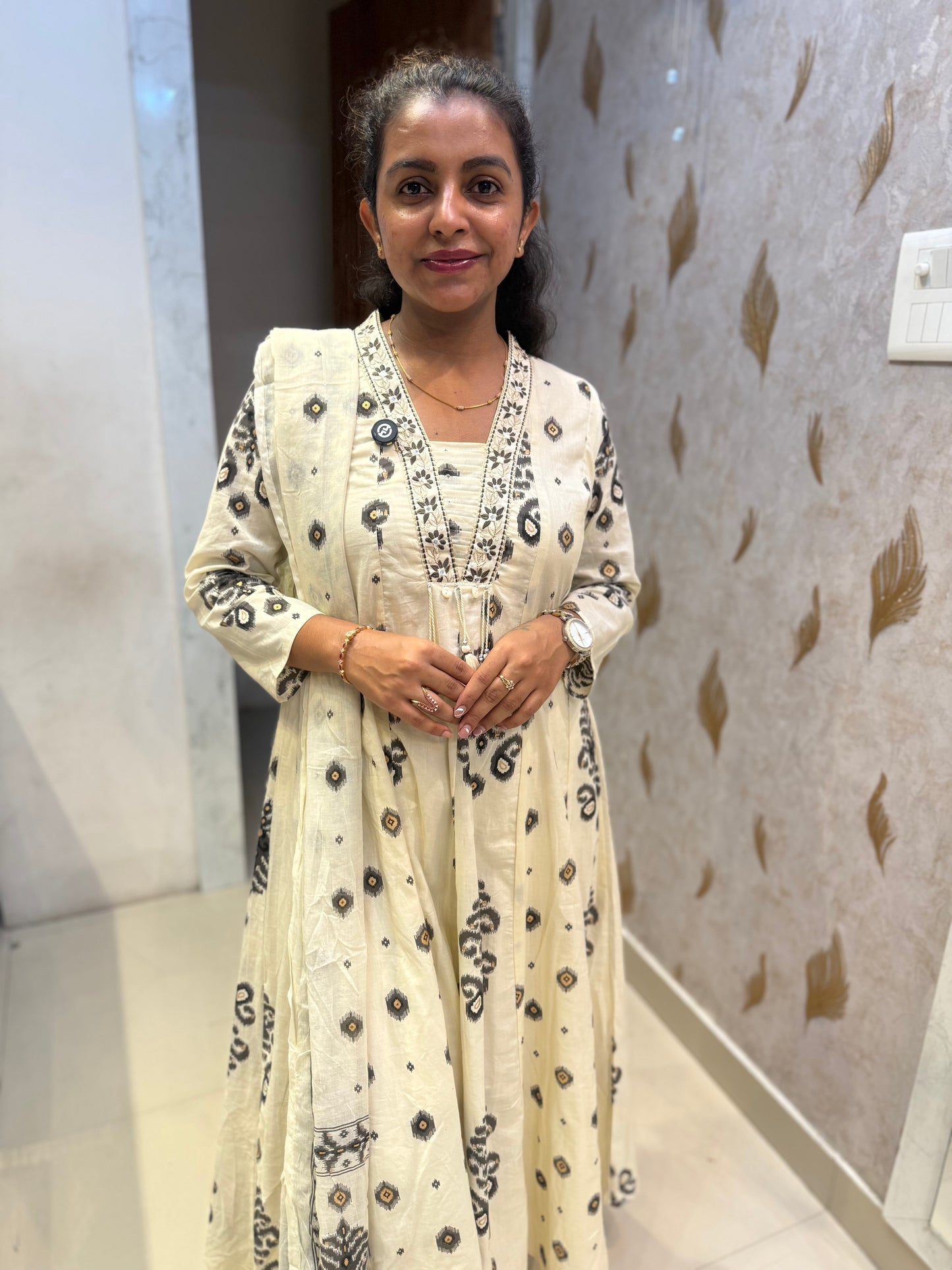 Half White printed A-line Kurti With Pant and Dupatta-HSC149
