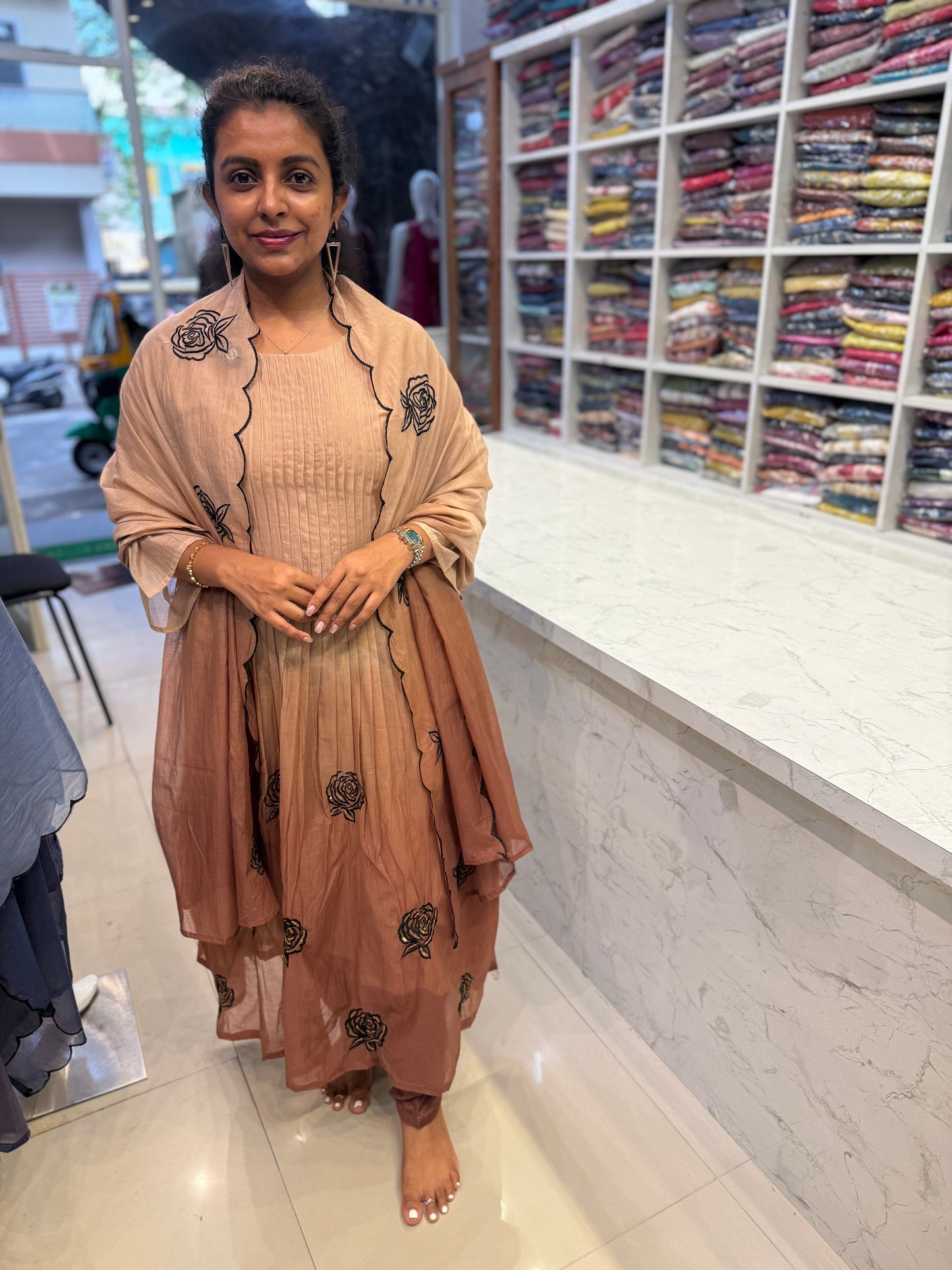 Ombre Brown Pure Mul Chanderi A-line Kurti With Pant and Dupatta
