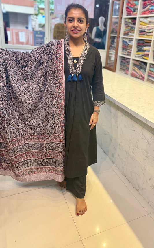 Kalamkari Pure Cotton A-line Kurti with Pant and Dupatta