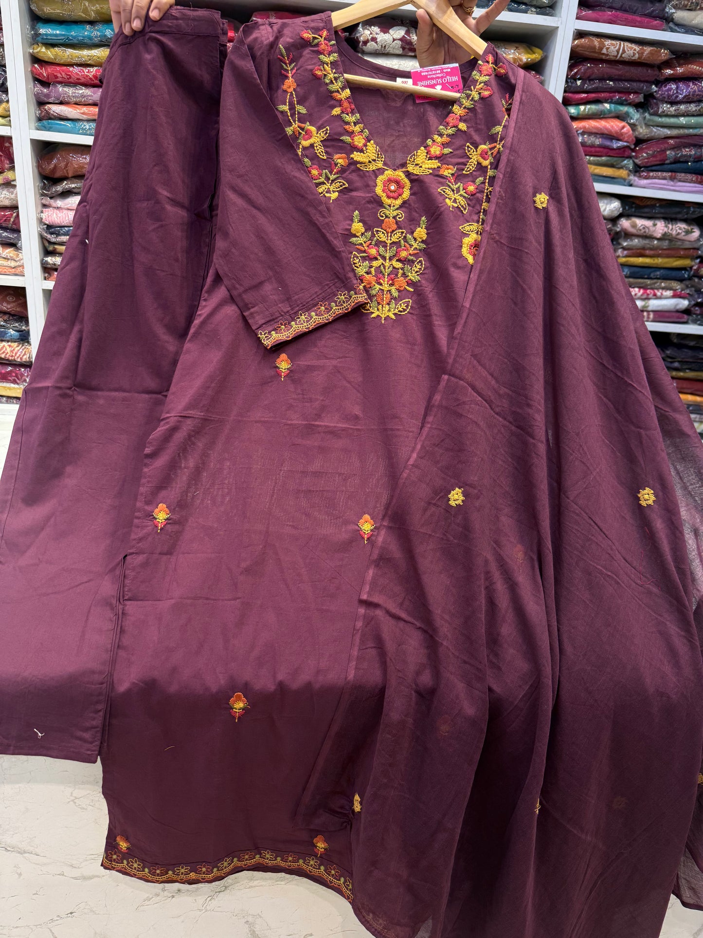 Wine Hand Embroidery Pure Cotton Kurti With Pant and Dupatta-HSC95