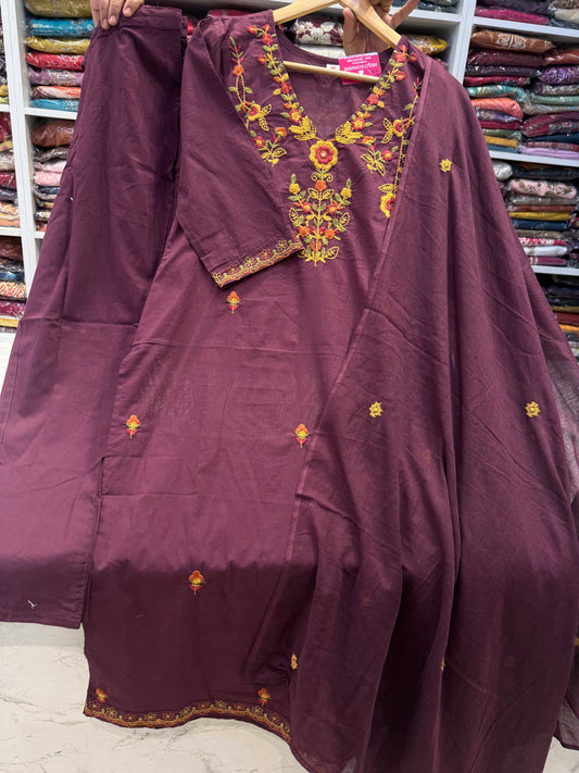 Wine Hand Embroidery Pure Cotton Kurti With Pant and Dupatta-HSC95