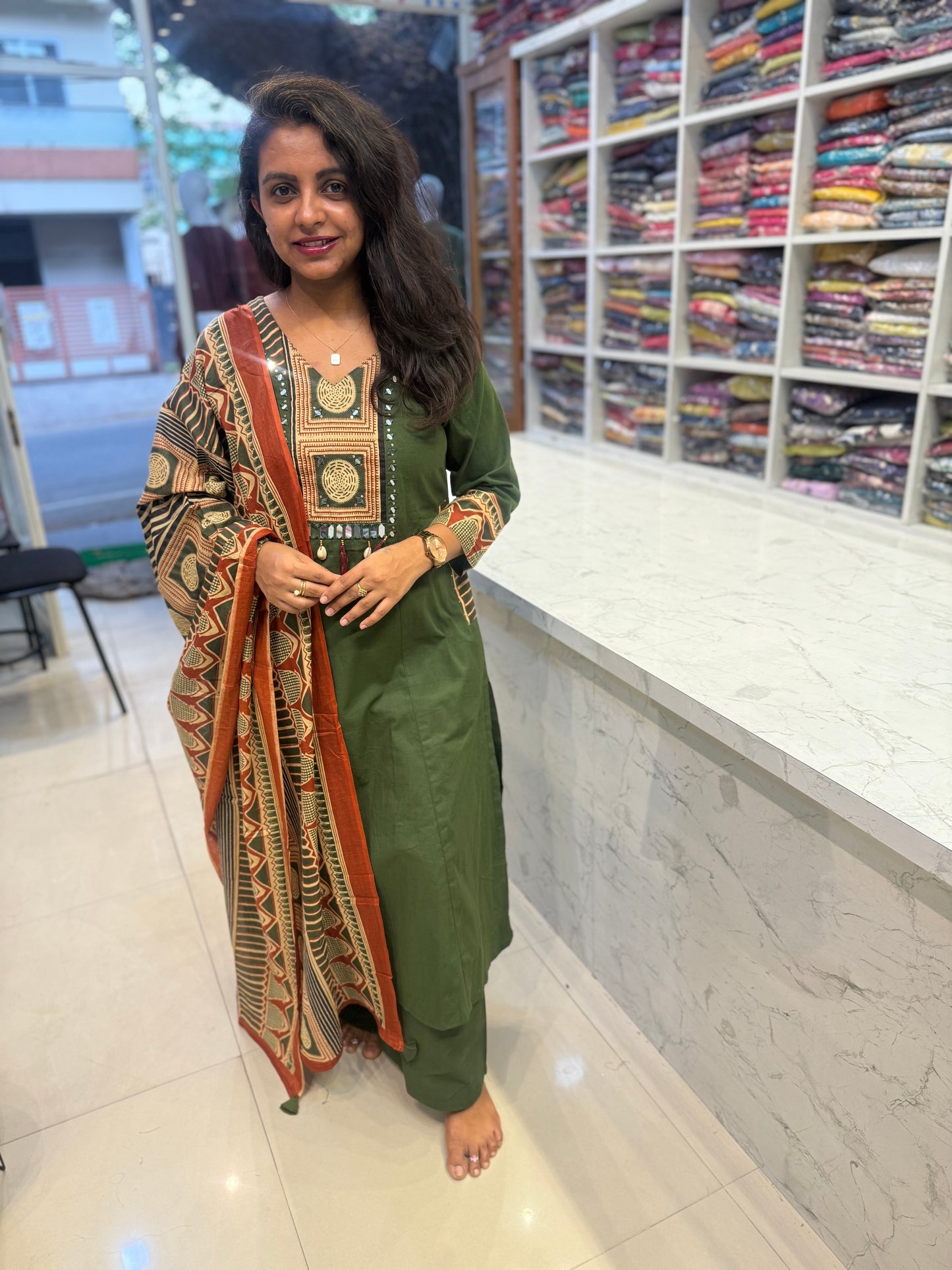 Two Sides Pockets Green Backside Patch Work Printed Kurti With pant and Dupatta-HSC86