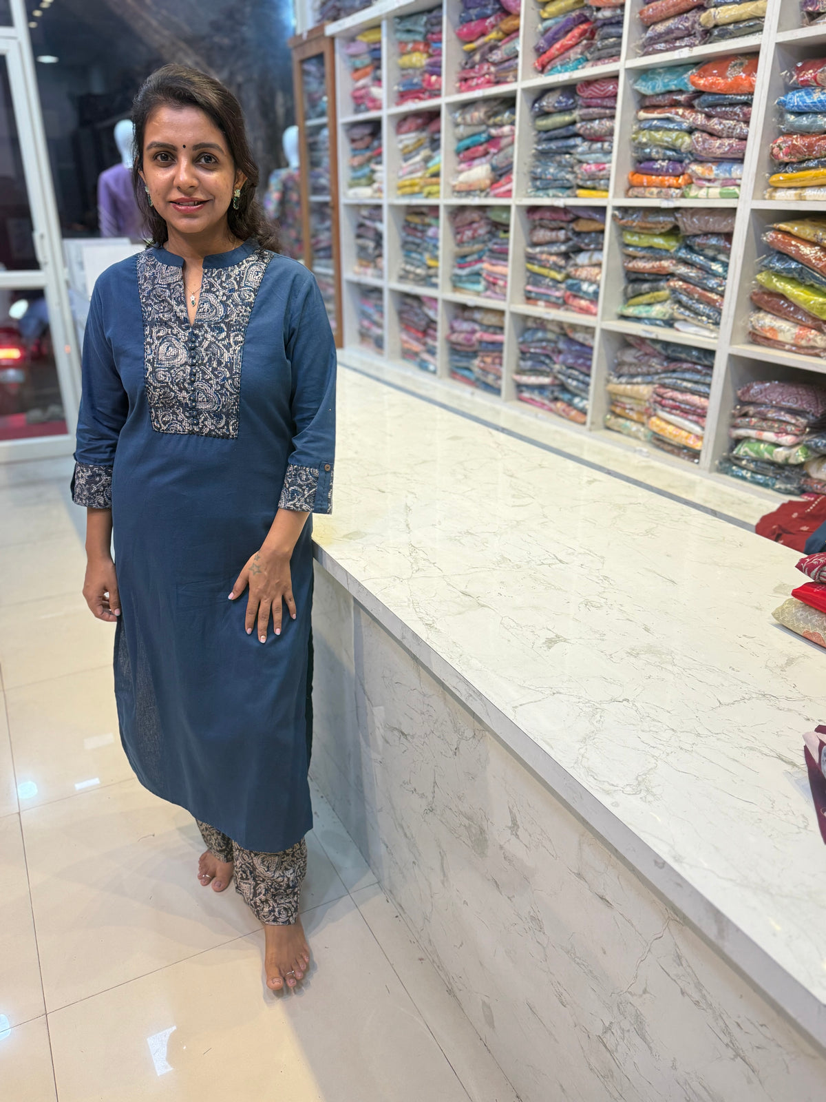 Blue Pure Cotton Kalamkari Kurti With Pant -HSC404