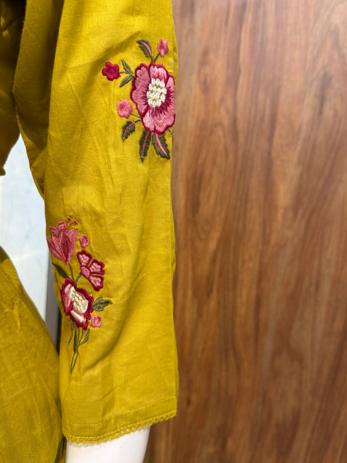Mustard Embroidery Pure Cotton Kurti With Pant and Scallop Dupatta -HSC1285