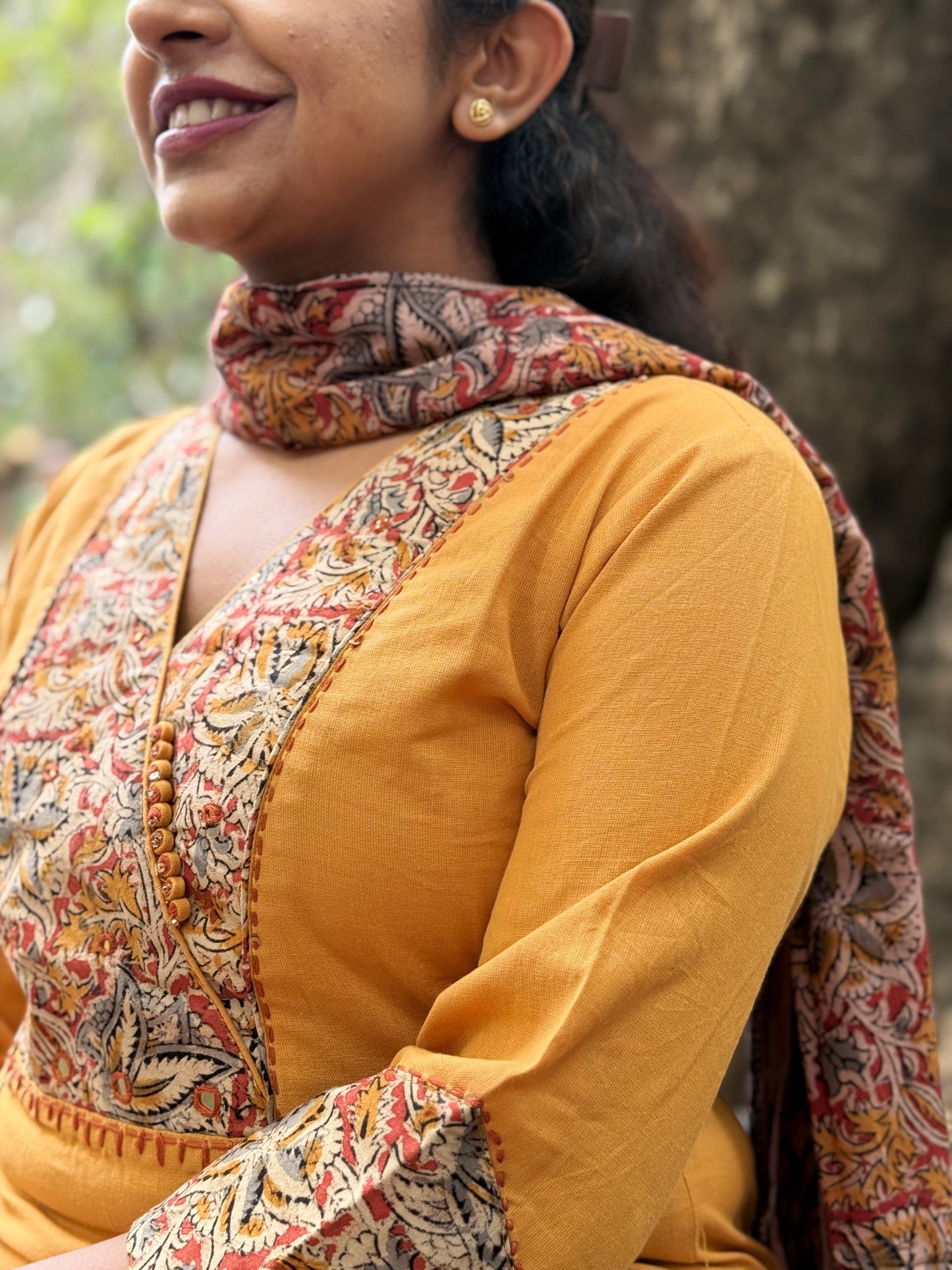 Mustard Kalamkari Pure Cotton Kurti With Pant and Dupatta - HSC1156