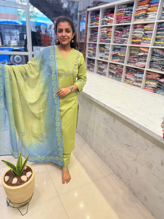 Green Cotton Kurti With pant and Dupatta