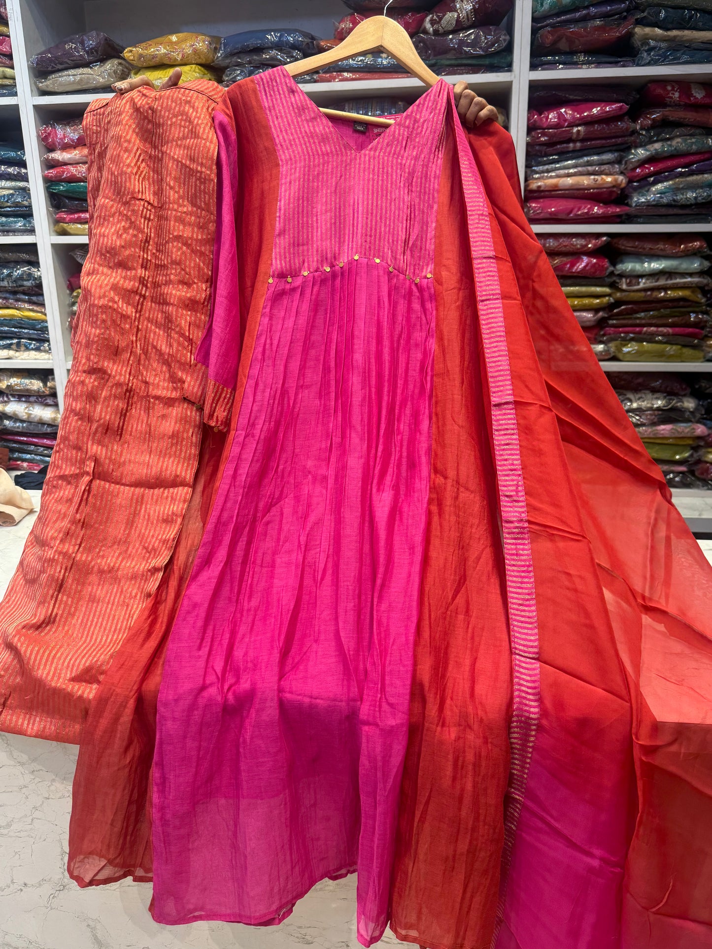 Pink With Orange  Pure Banarasi Mul Chanderi Kurti With Pant and Dupatta