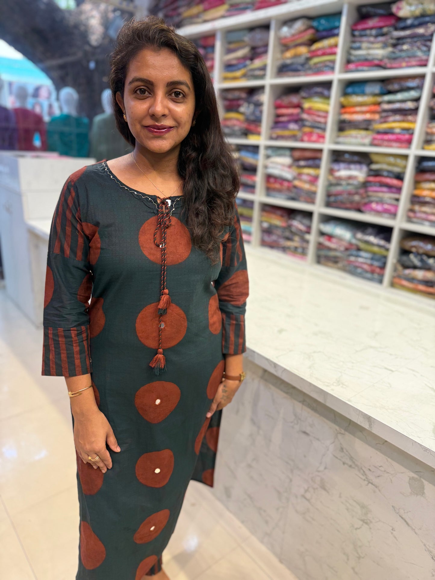 Green Polka Dots Cotton Kurti With stripes Pant Kurti and Pant-HSC70