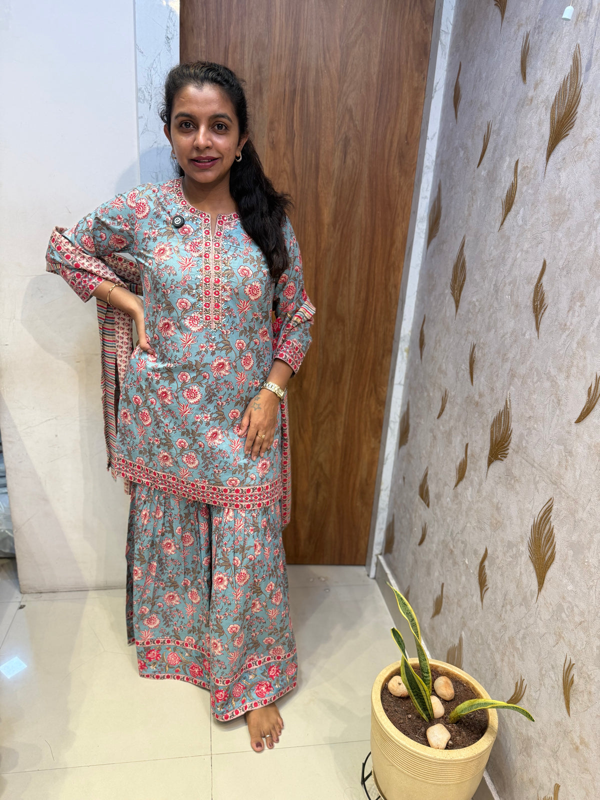 Floral Printed Pure Cotton Kurti With Sharara Pant and Dupatta -HSC1240