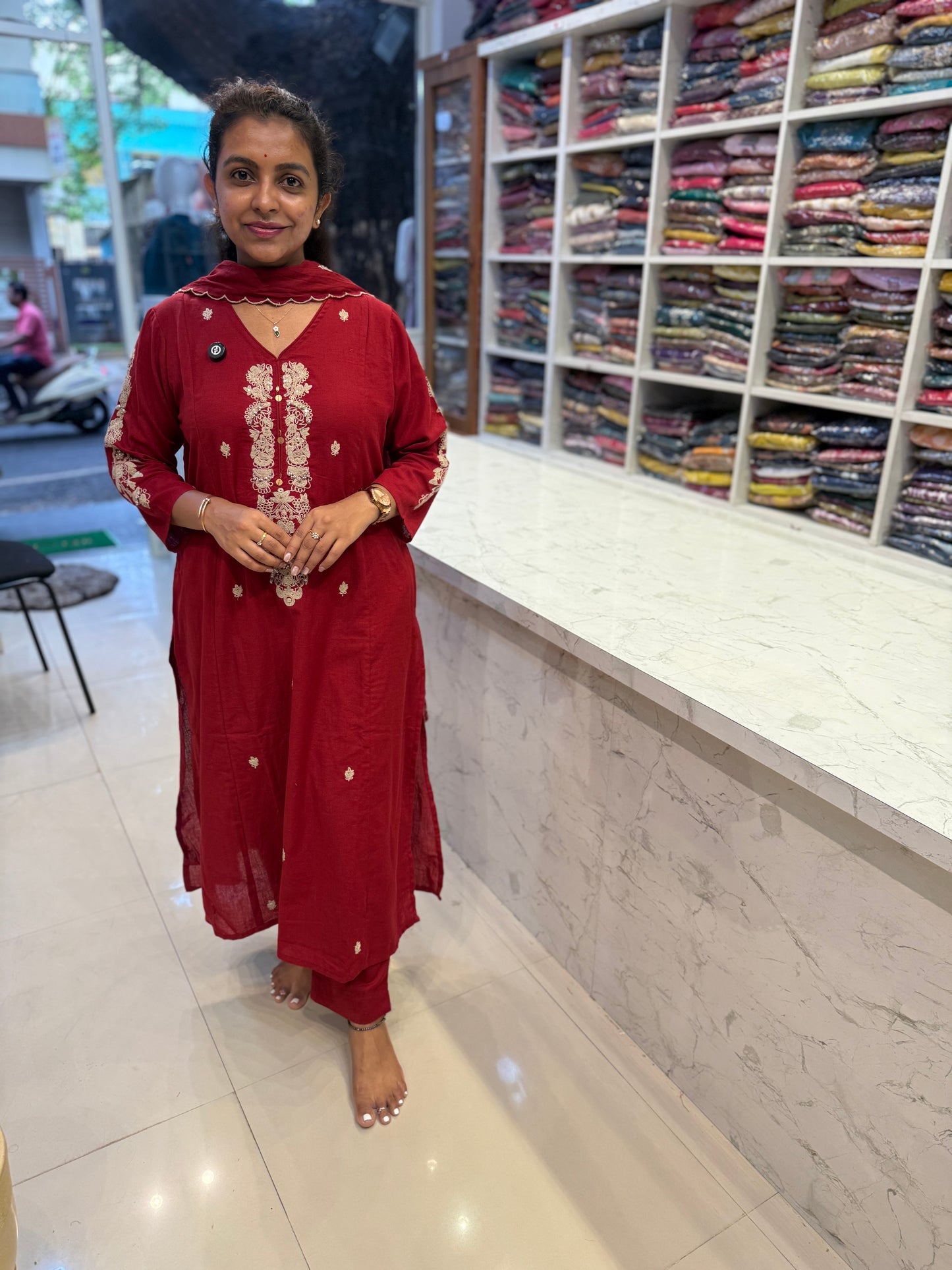 Marron Pure Cotton Flex Hand Embroidery Kurti With Pant and Dupatta-HSC156