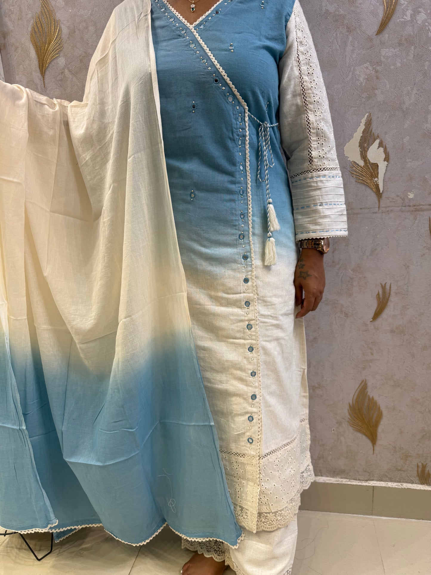 Ombre Pure Cotton Flex Lace Kurti With Pant and Dupatta