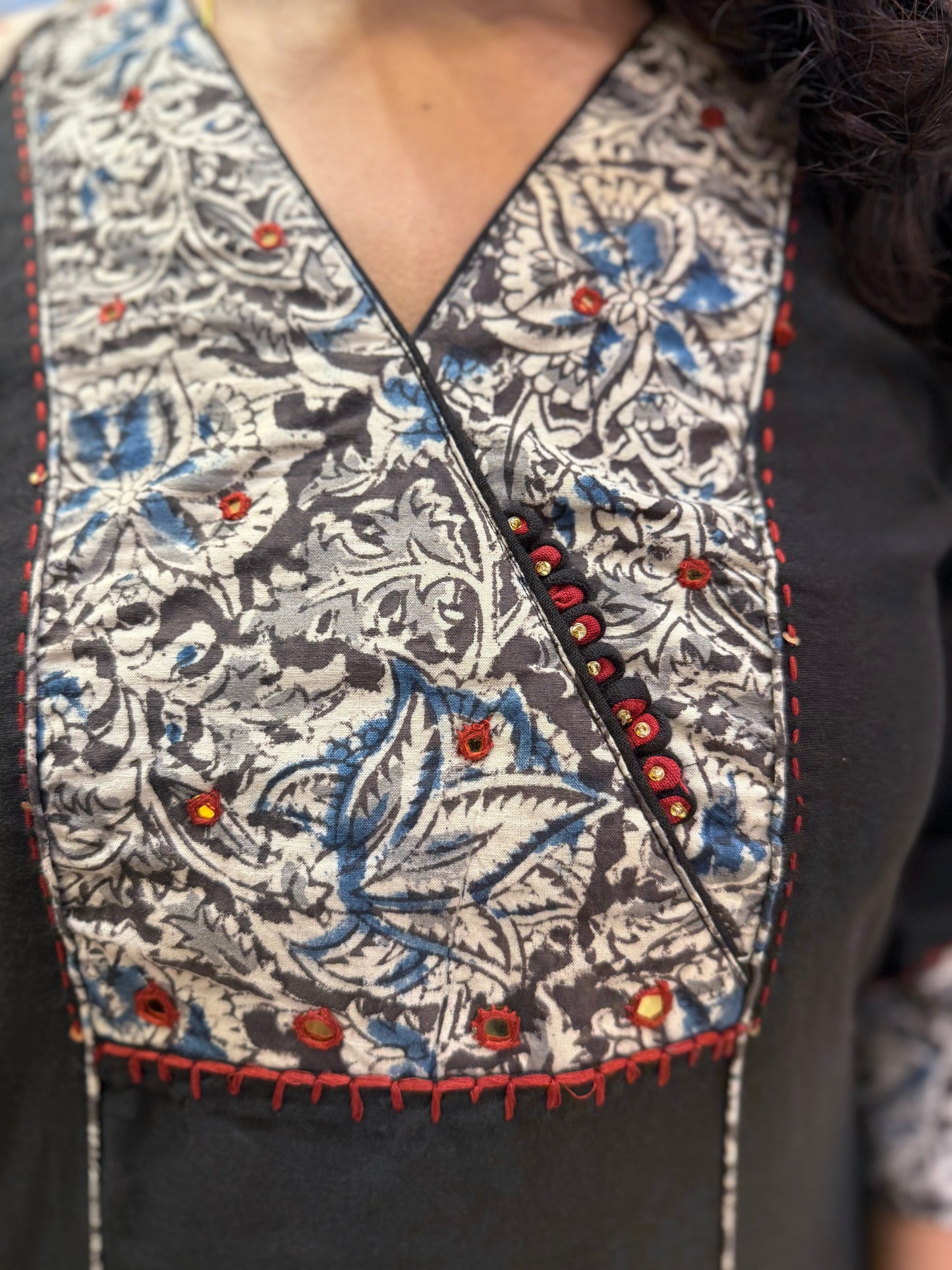 Black Kalamkari Pure Cotton Kurti With Pant and Dupatta - HSC1156