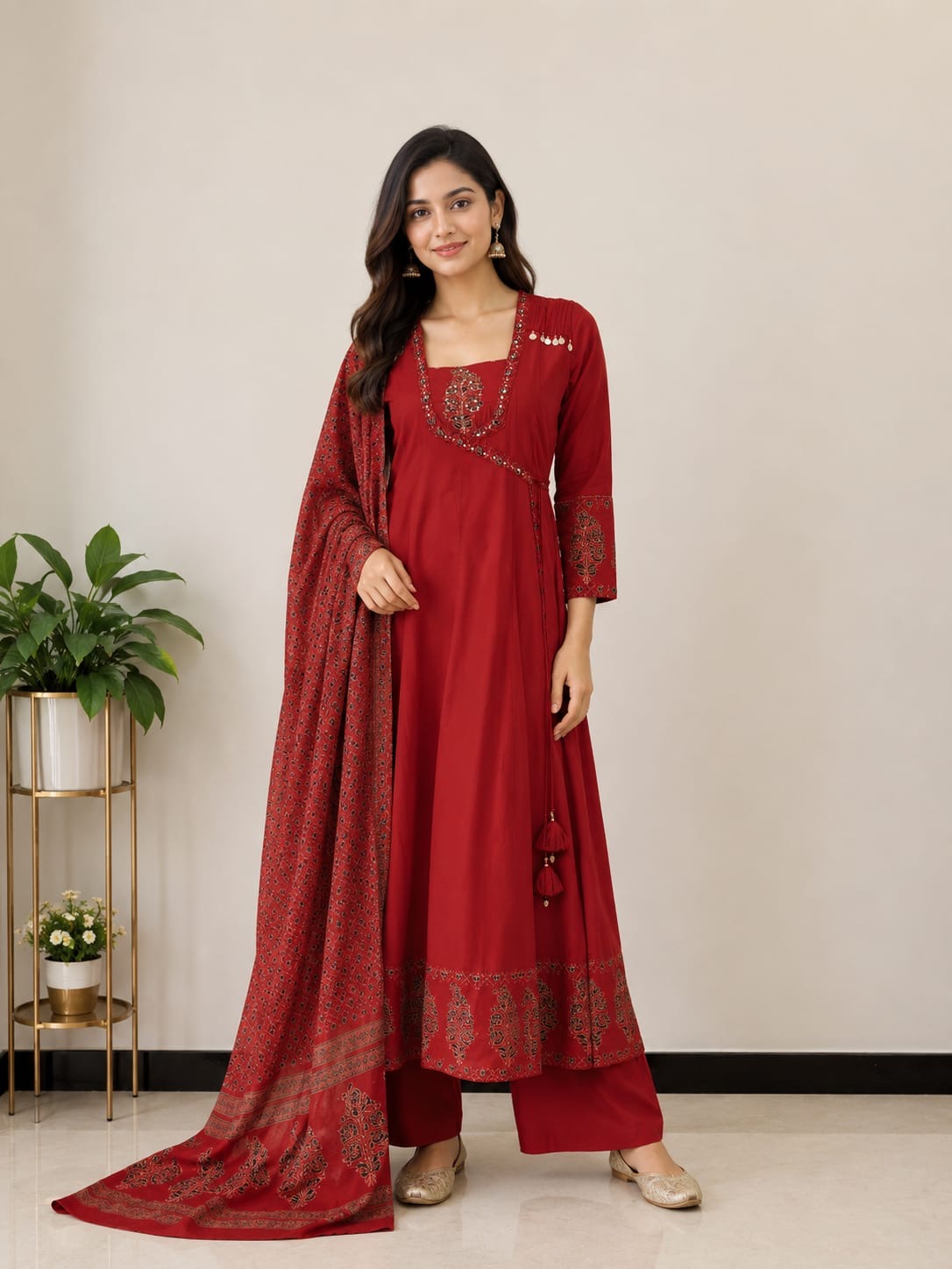 Marron Pure Cotton A-line Kurti With Pant and Printed Dupatta -HSC1262