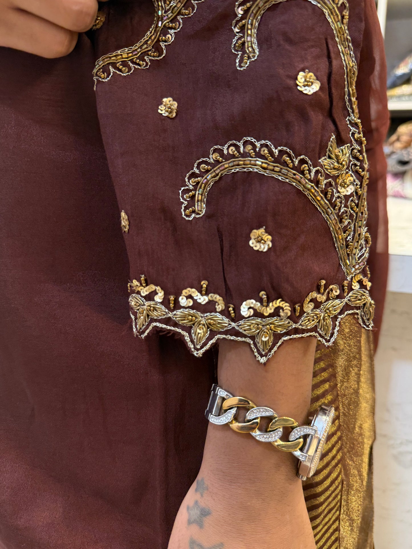 Brown Pure Banarasi Mul-Chanderi A-line Kurti With Pant and Dupatta