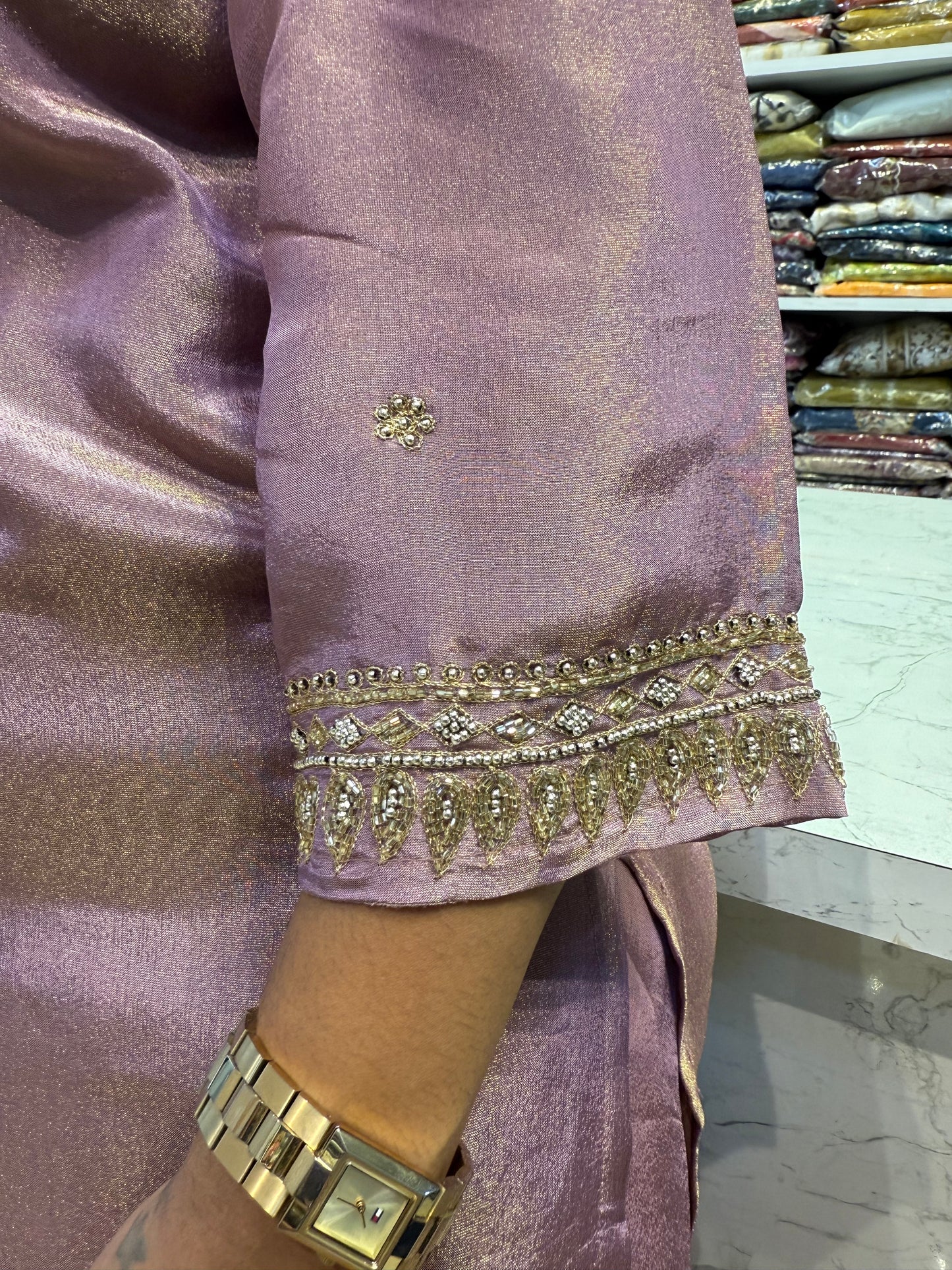 Shimmer Tissue Kurti with divider pant with scallop dupatta-HSC34