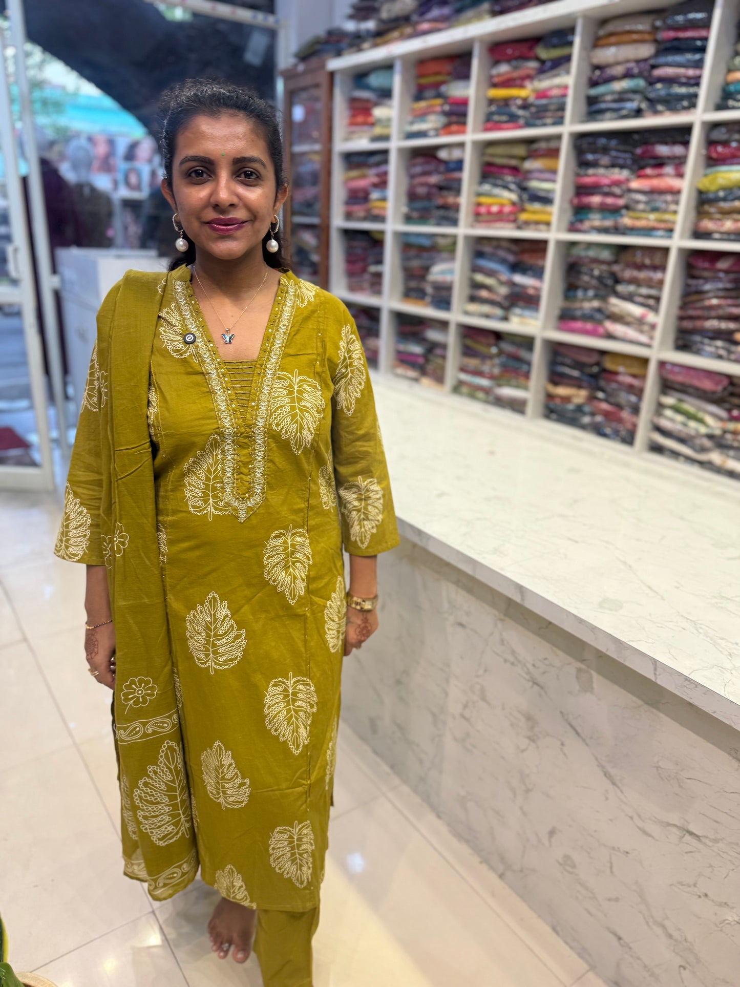 Leaf Printed Cotton Kurti With Pant and Dupatta