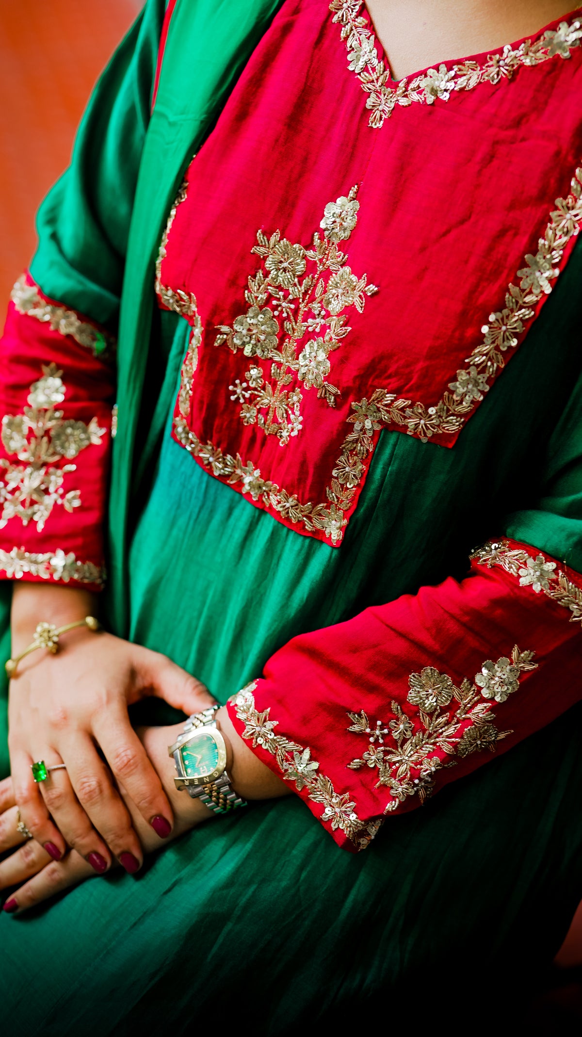 Green Pure Mul Chanderi Hand Embroidery A-line Kurti With Pant and Dupatta -HSC1218