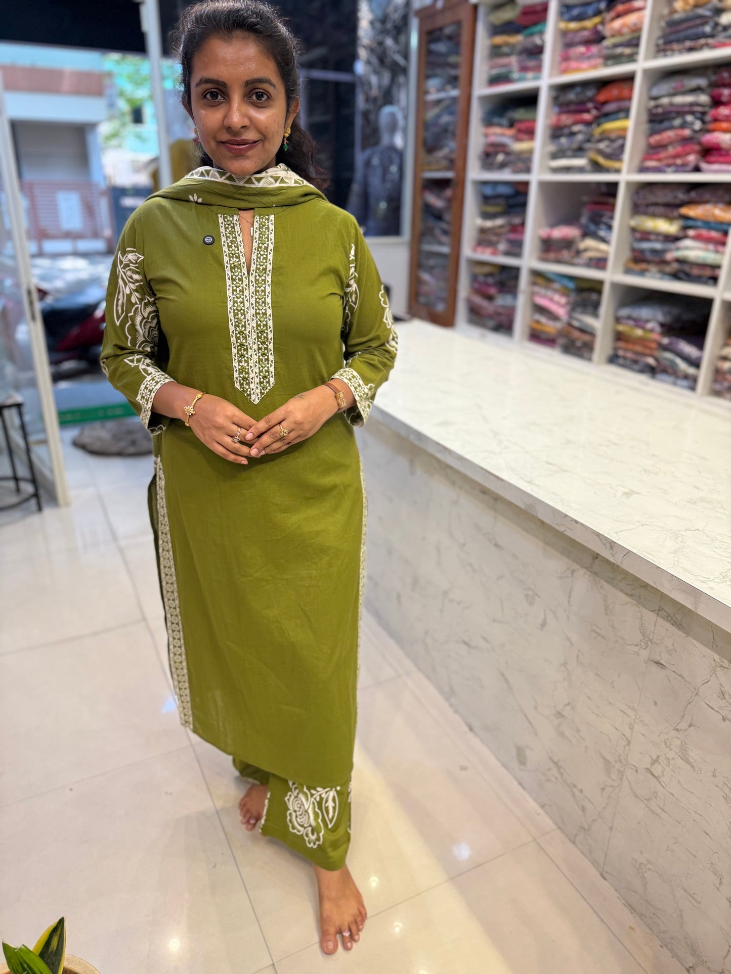 Rose Printed Green Cotton Kurti With Pant and Dupatta-HSC57