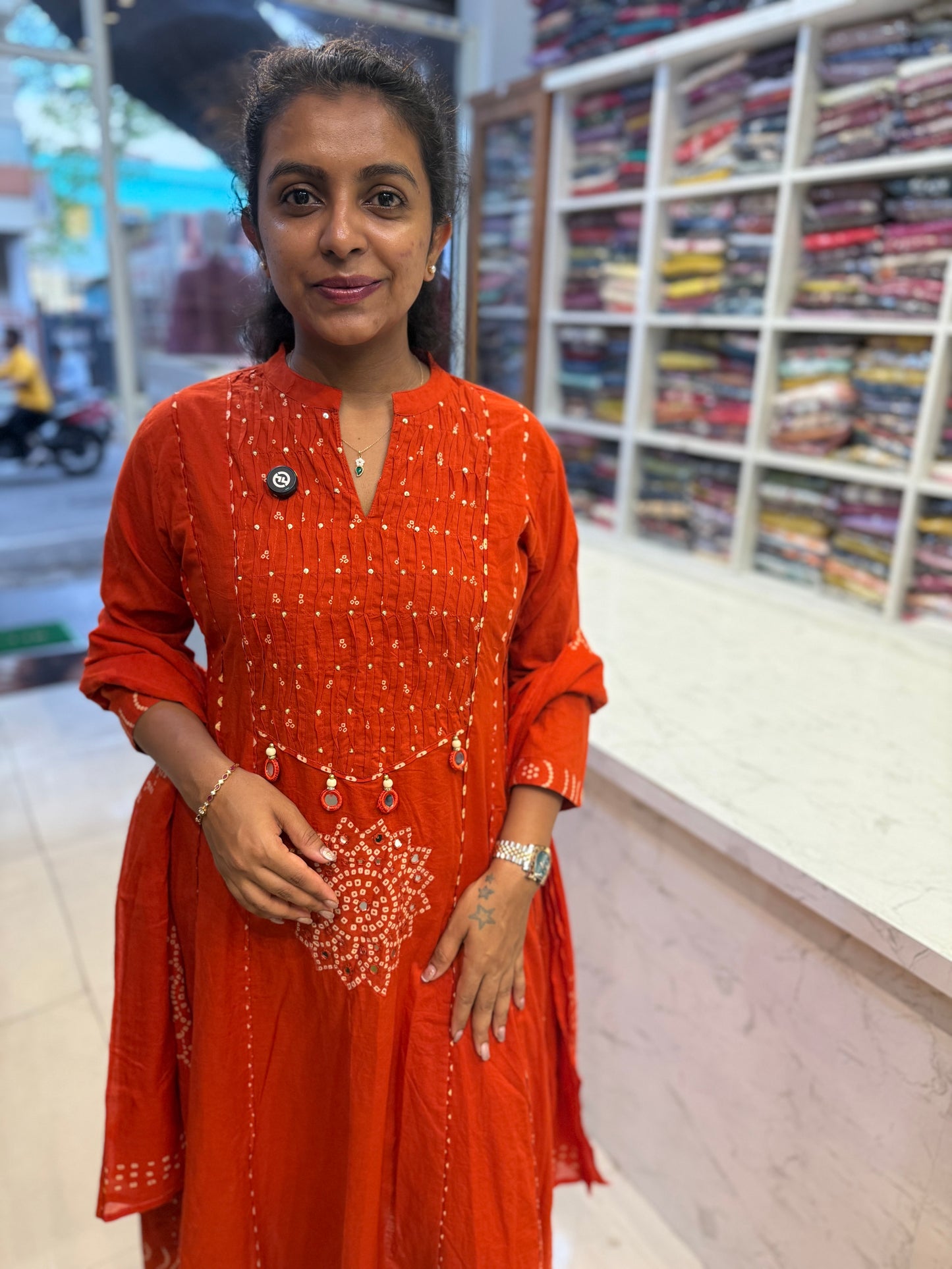 Rust Orange Anarkali Pure Cotton Kurti With Pant and Dupatta