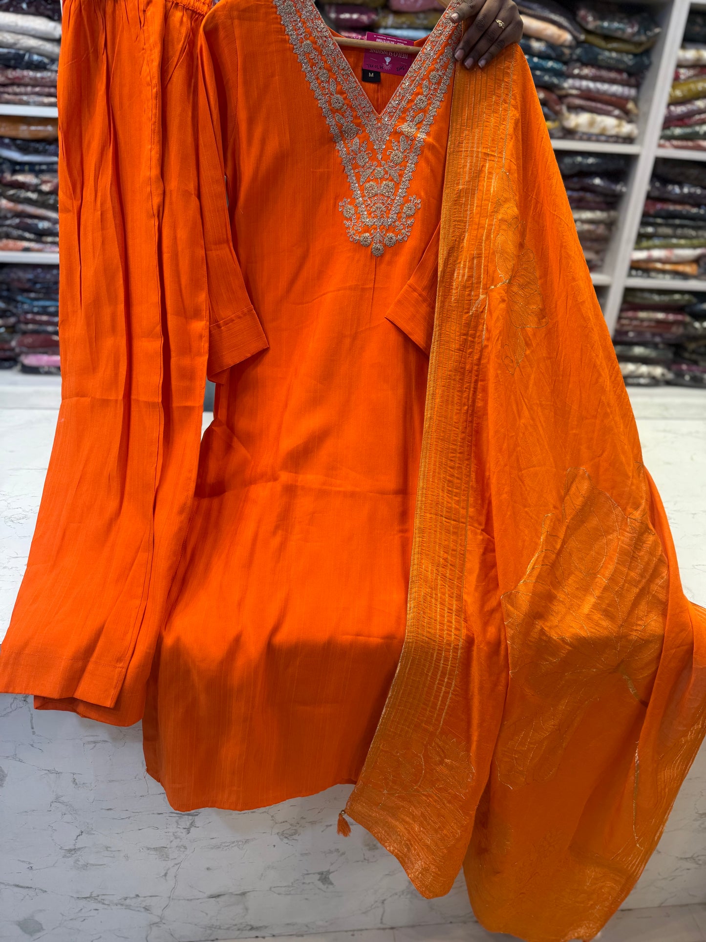 Orange Roman Silk Kurti With pant and Dupatta