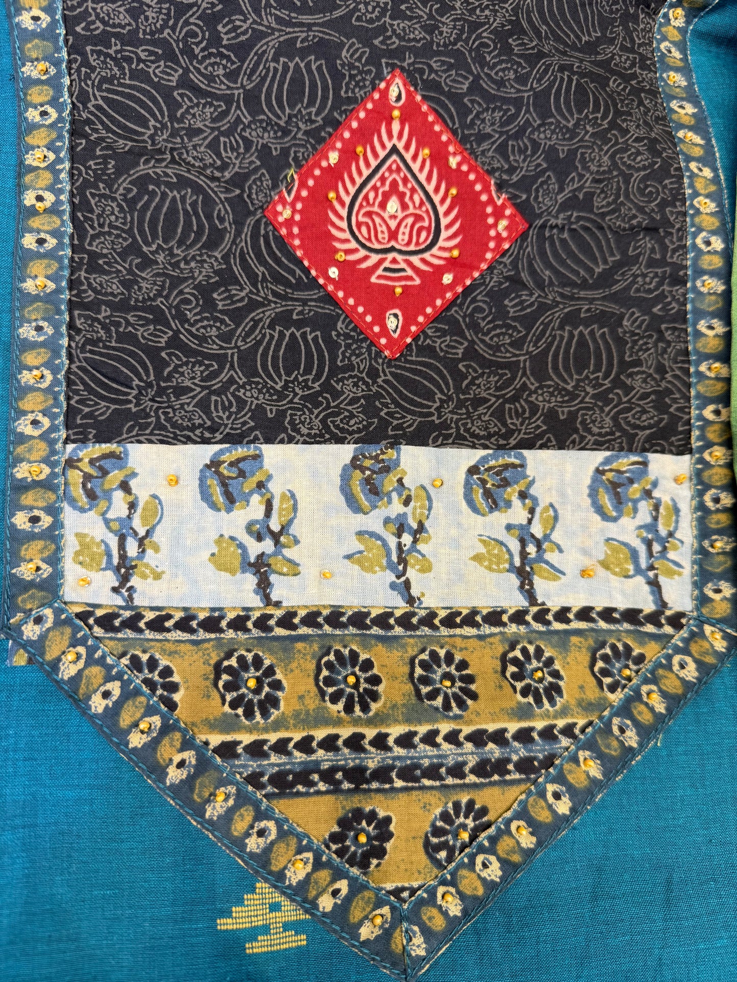 Teal Blue Pure Handloom Patch Work HandWork Kurti With Pant and Dupatta - HSC1146