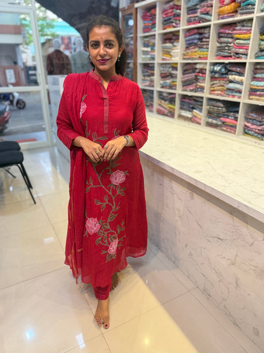 Red Pure Mul chanderi A-line salwar suit