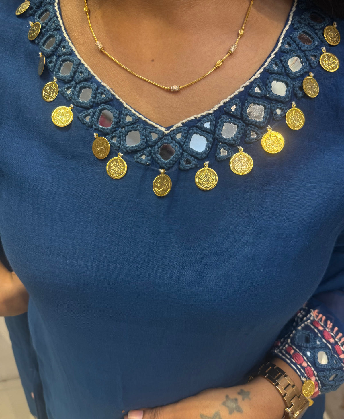Ink Blue Hand Embroidery Pure Banarasi Mul Chanderi A-line Kurti With Pant and Dupatta -HSC1276