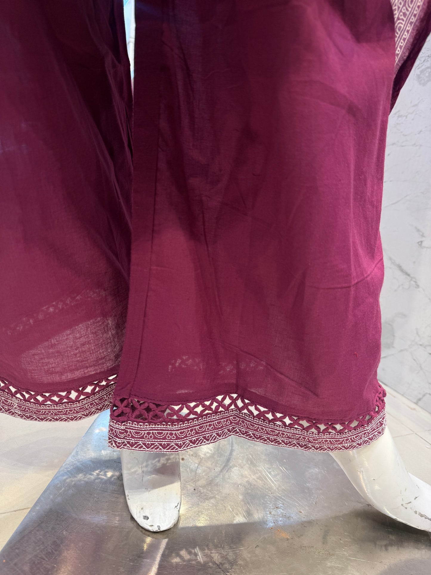 Lace Detail Cotton Kurti With Pant and Dupatta