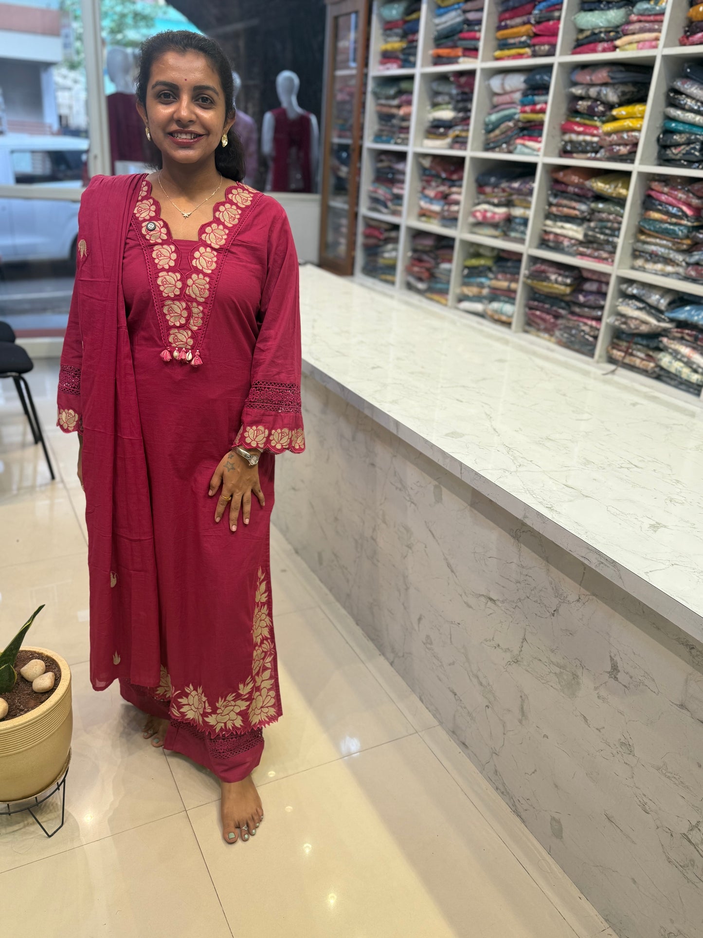 Scallop Cut Work Embroidery Kurti With Pant and Dupatta