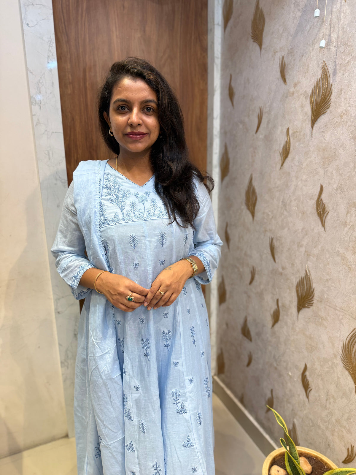 Sky Blue Mul Cotton Embroidery A-line Kurti With Pant and Dupatta -HSC1254