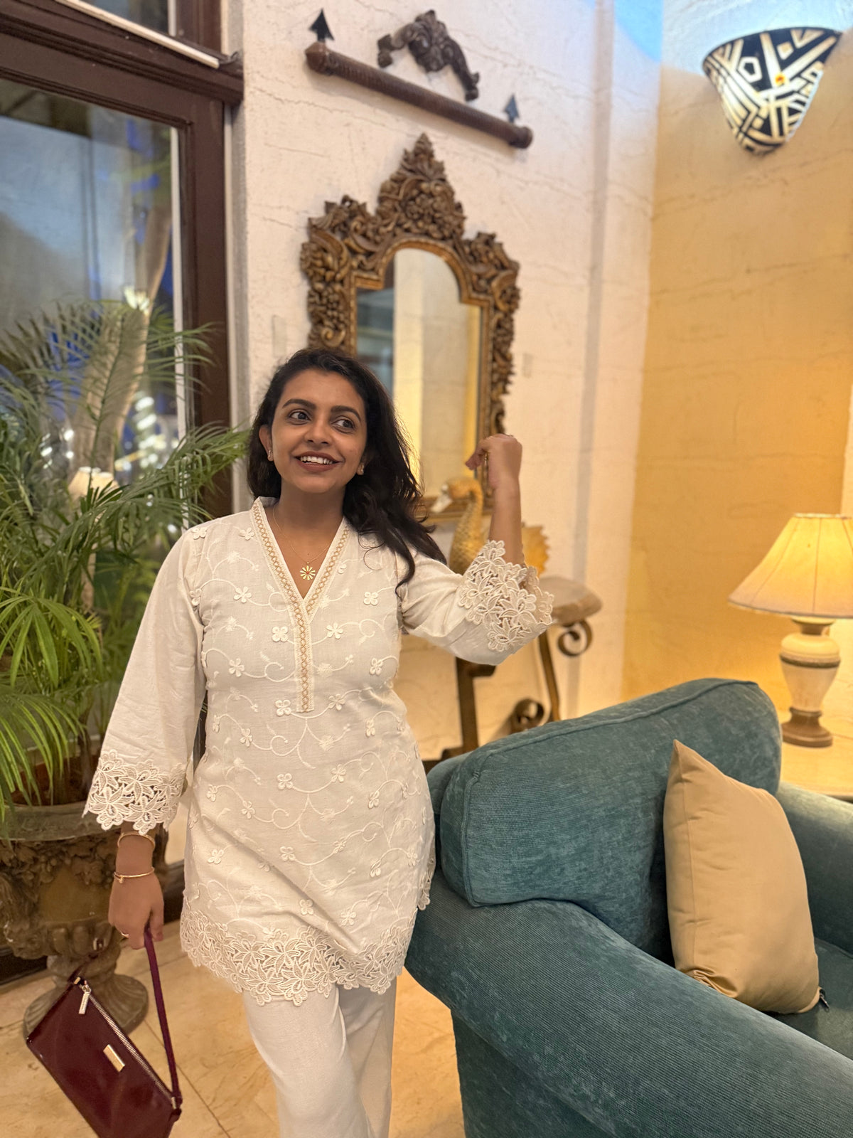 Cutwork Half White Pure Cotton Flex Co-ords Set - HSC1183