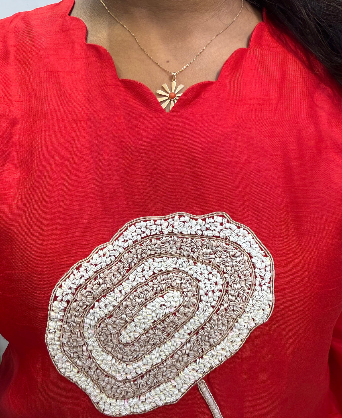 Red Co-ords Set Pure Silk Hand Embroidered Kurti With Pant - HSC1170