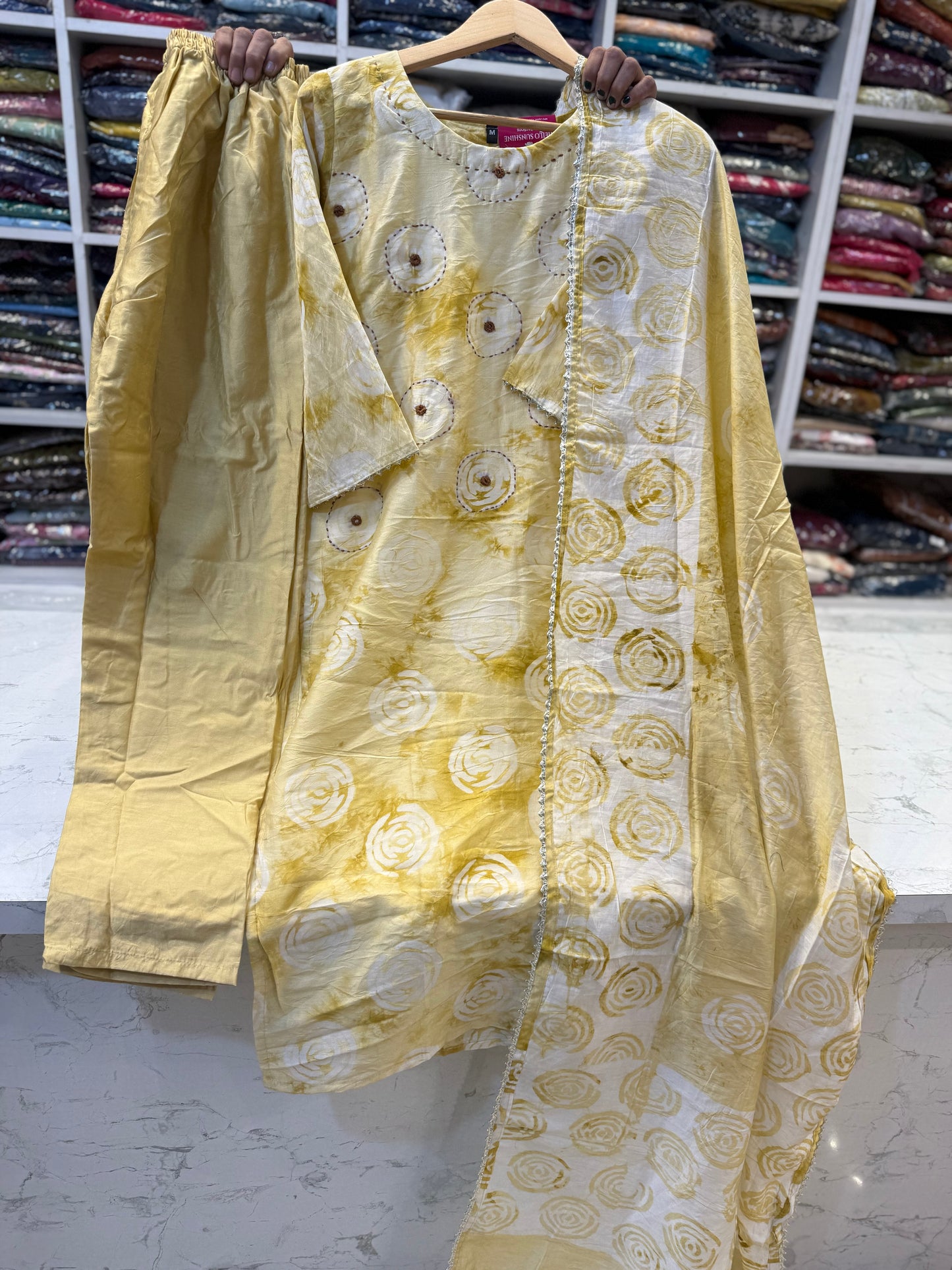 Chanderi Silk with Batik Print with Katha Work Kurti and Pant and Dupatta