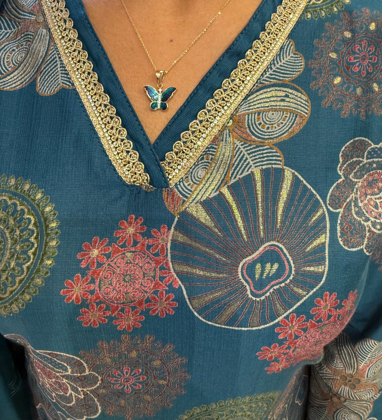 Printed Blue V neck Kurti With Pant and Dupatta