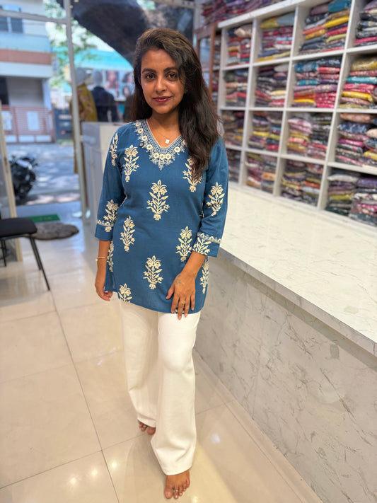 Blue Cotton Embroidered Tunic Top